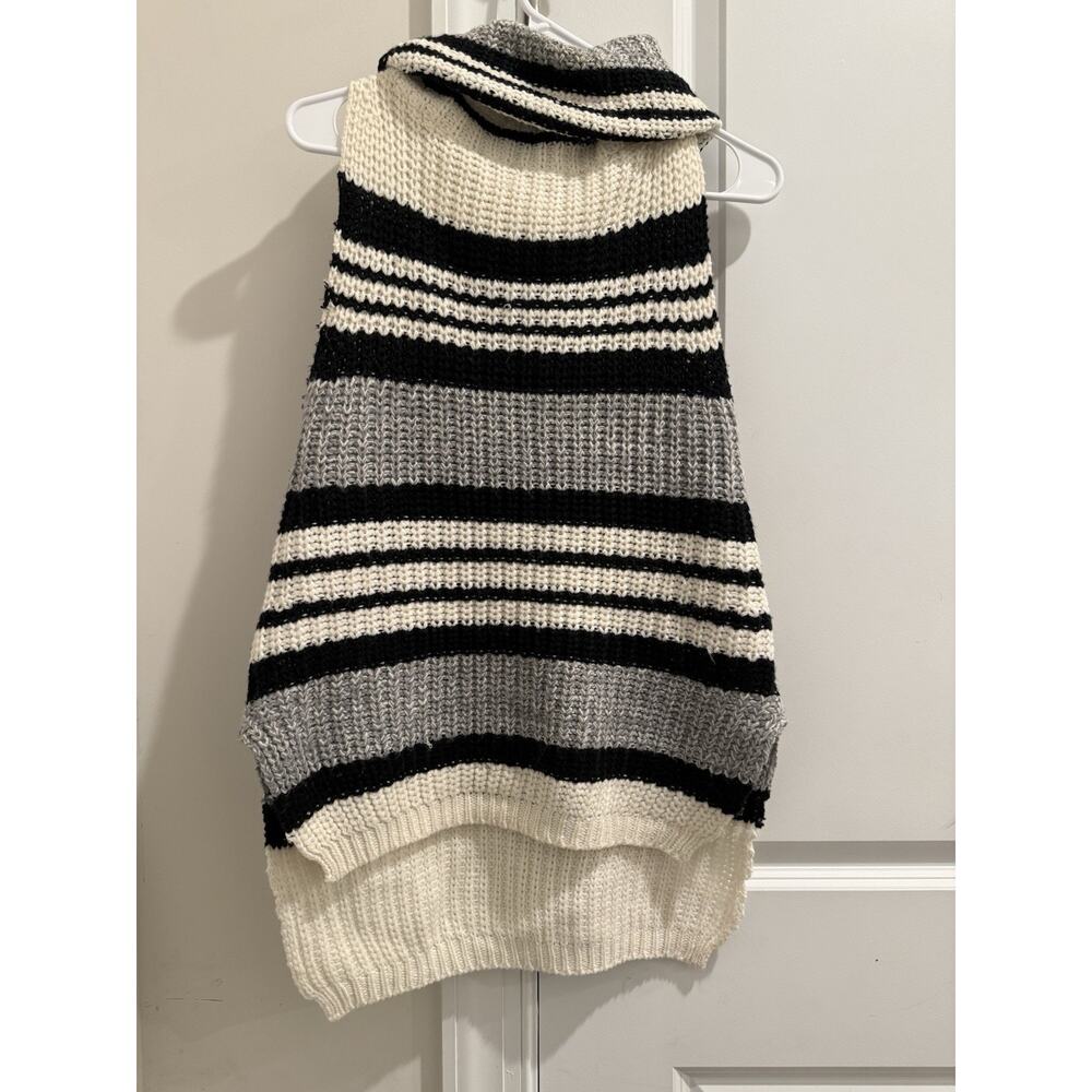 Classy Striped Cowl Neck Sleeveless Sweater Vest Black White Gray High Low Hem